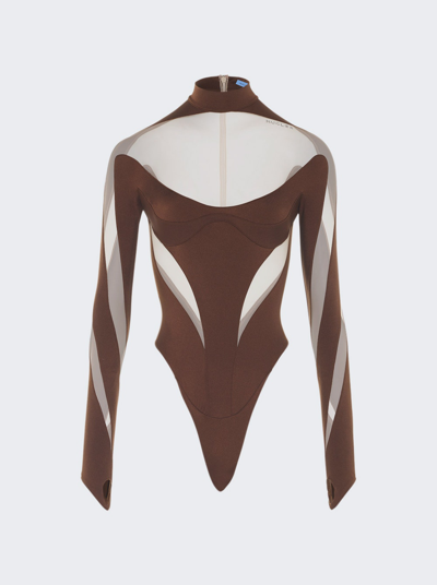 Shop Mugler Sheer Panel Bodysuit In Chocolate And Nude 01