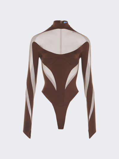 Shop Mugler Sheer Panel Bodysuit In Chocolate And Nude 02