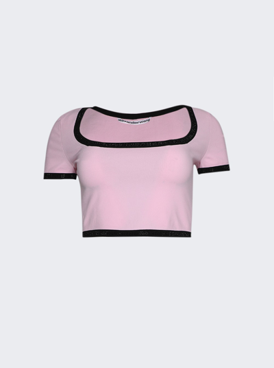 Shop Alexander Wang Scoop Neck Cropped Tee With Crytal Trim In Light Pink
