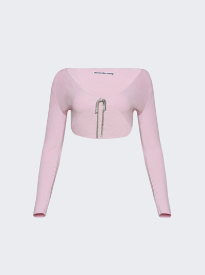 Shop Alexander Wang V-neck Cropped Cardigan With Crystal Tie In Neon Light Pink