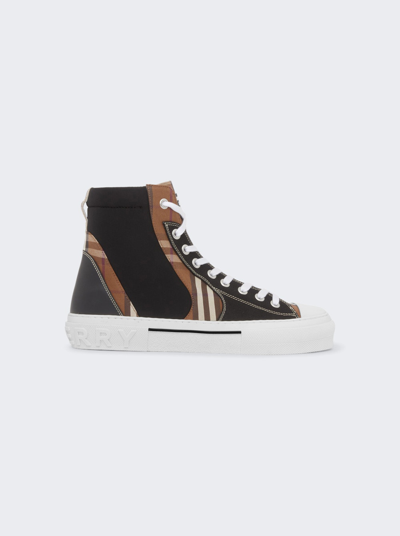 Shop Burberry Vintage Check Cotton And Neoprene High-top Sneakers Black And Birch Brown