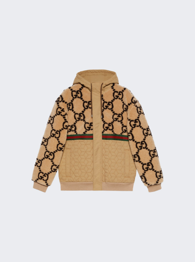 Shop Gucci Gg Jacquard Fleece Jacket In Camel And Dark Brown
