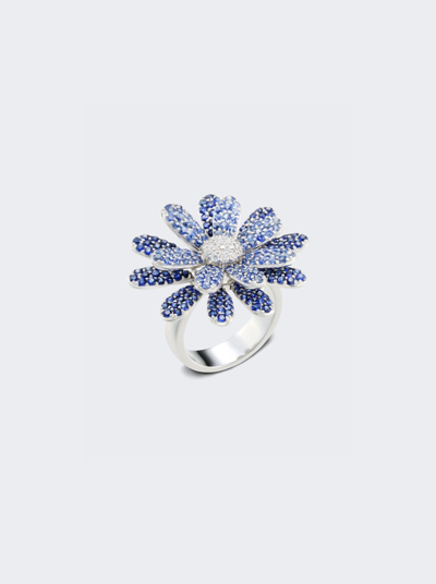 Shop Mio Harutaka Blue Sapphire Daisy Ring In 18k White Gold
