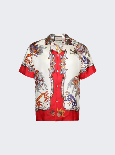 Shop Gucci Roi Soleil Short Sleeve Bowling Shirt In Ivory And Red