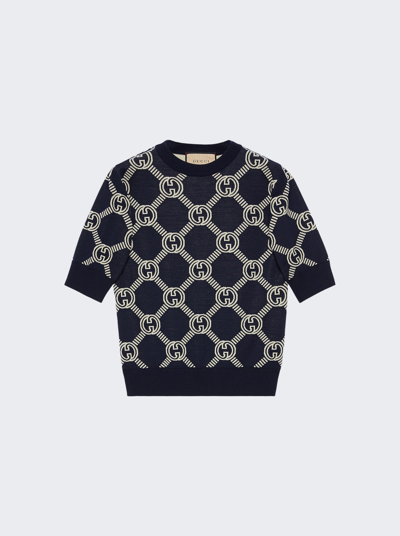 Shop Gucci Macro Gg Jacquard Top In Blue And Ivory