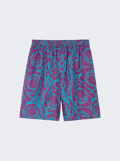 Shop Versace Barocco Silhouette Silk Shorts In Teal And Plum