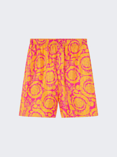 Shop Versace Barocco Silhouette Silk Shorts In Magenta And Tangerine
