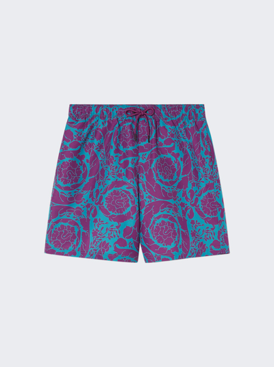 Shop Versace Mare Shorts In Teal And Plum