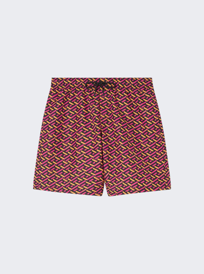 Shop Versace La Greca Boardshorts In Magenta And Tangerine