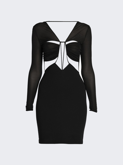 Shop Nensi Dojaka Deep V-neck Draped Bra Long Sleeve Mini Dress In Black