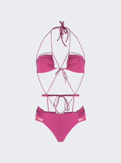 Shop Nensi Dojaka Gathered Bra Swimsuit With Ruched Belt In Peonia Pink