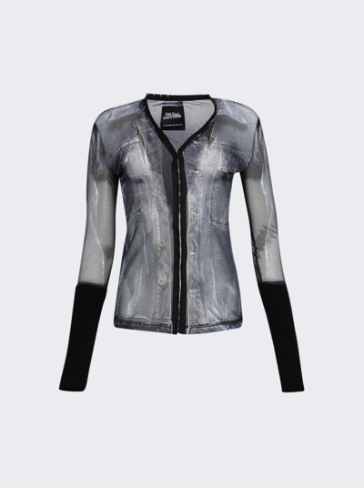 Shop Y/project X Jean Paul Gaultier Trompe-l'oeil Denim Sheer Hook And Eye Top Black And White