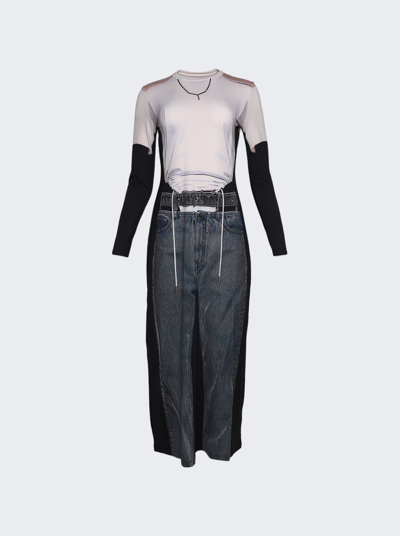 Shop Y/project X Jean Paul Gaultier Trompe-l'oeil Y Belt Denim Maxi Dress In Black And White