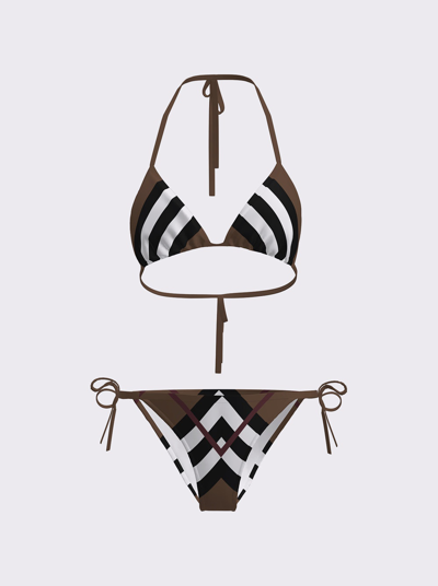 Shop Burberry Check Triangle Bikini In Dark Birch Brown