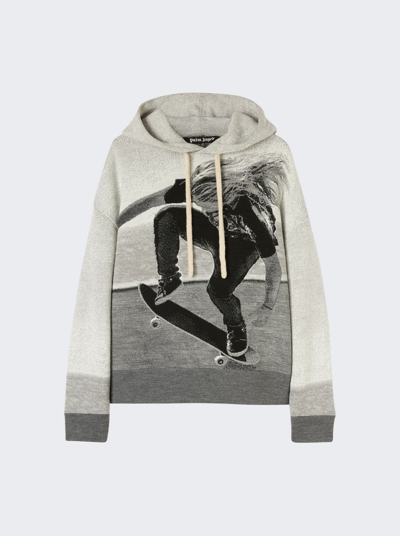 Shop Palm Angels Jacquard Skater Hooded Sweatshirt Melange Grey