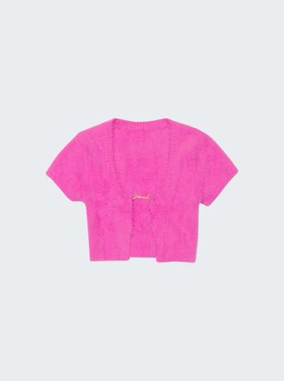 Shop Jacquemus La Maille Neve Fluffy Charm Logo Cropped Cardigan In Pink