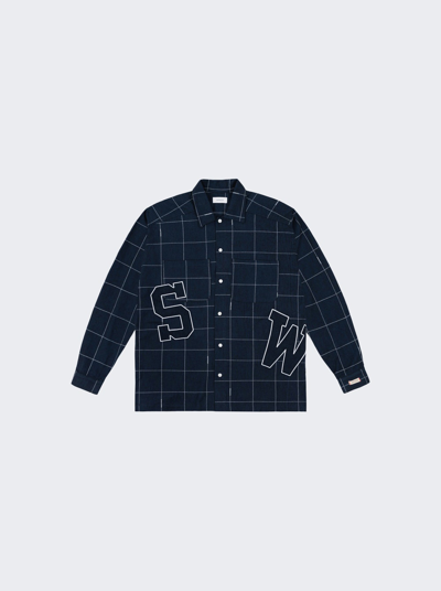 Shop Saintwoods Contrast Stitch Flannel Shirt In Navy