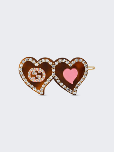 Shop Gucci Hair Clip With Gg And Hearts In Brown