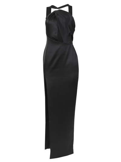 Shop Rasario Draped Satin Asymmetric Cut-out Gown With Ring In Black