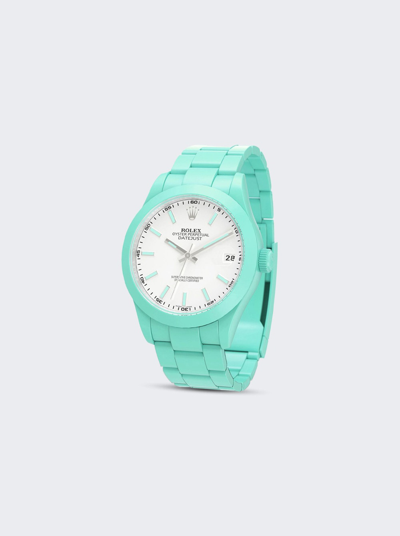 Shop Private Label London Rolex Datejust Smooth Ceramic Ccoated White Dial Oyster Bracelet In Mint Green Hour Markers