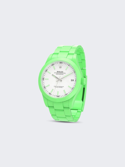 Shop Private Label London Rolex Datejust Smooth Ceramic Ccoated White Dial Oyster Bracelet In Apple Green Hour Markers