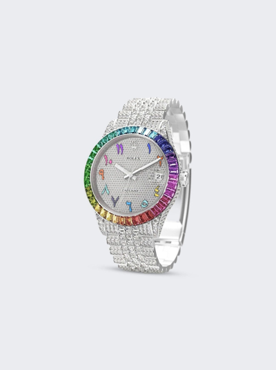 Shop Private Label London Rolex Datejust Jubilee Bracelet In Rainbow Sapphire Bezel White Diamond Pavã