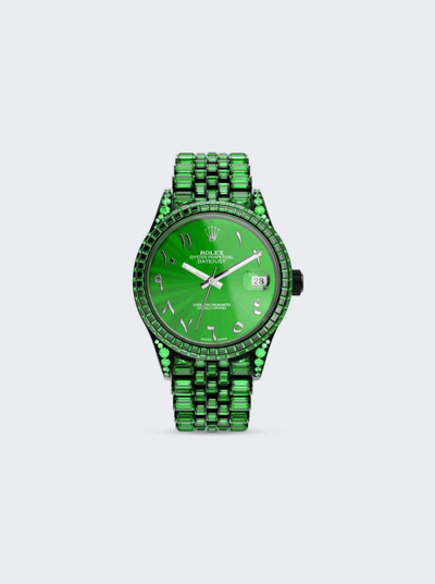 Shop Private Label London Rolex Datejust Jubilee Bracelet In Green Sapphire Bezel Green Sunburst Dial