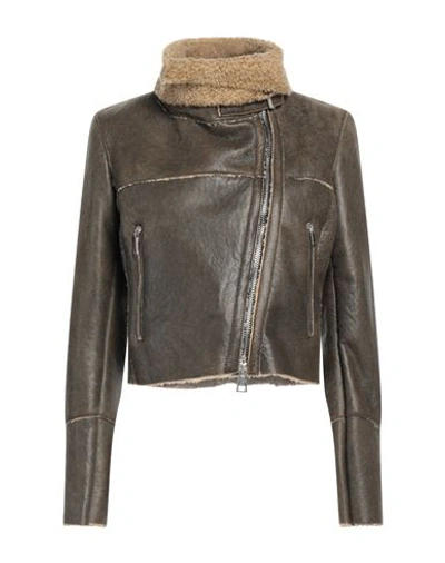 Shop Delan Woman Jacket Khaki Size 8 Ovine Leather In Beige