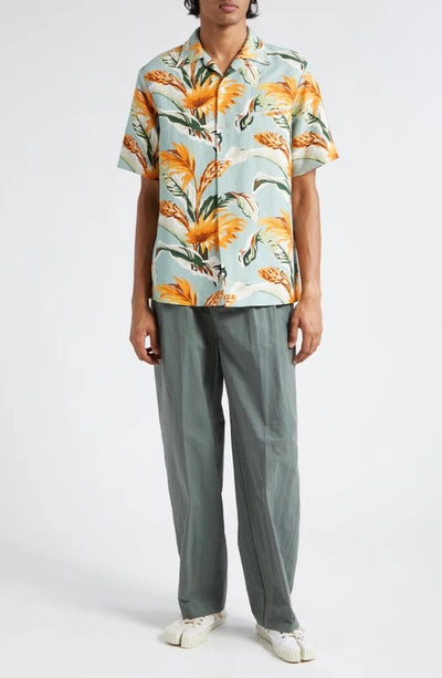 Shop Maison Margiela Tropical Print Short Sleeve Linen & Cotton Button-up Shirt In Sage