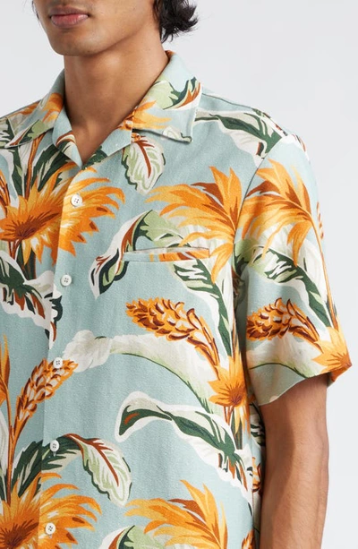 Shop Maison Margiela Tropical Print Short Sleeve Linen & Cotton Button-up Shirt In Sage