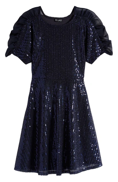 Shop Ava & Yelly Kids' Sequin Flutter Sleeve Skater Dress In Navy