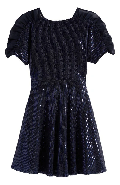 Ava & Yelly Kids' Sequin Flutter Sleeve Skater Dress In Navy
