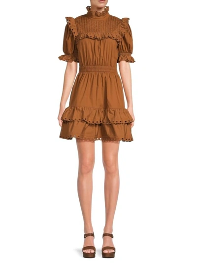 Shop Stellah Lace Trim Puff Sleeve Mini Dress In Caramel In Brown