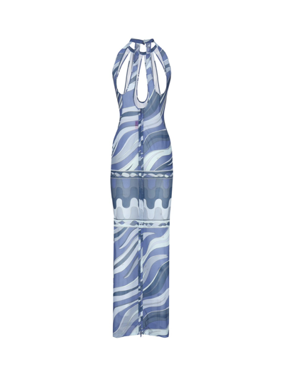 Shop Pucci Long Dress With Cut-out And Flame Print In Indaco