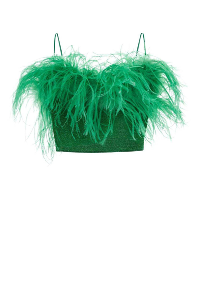 Shop Oseree Ostrich-feather Metallic Cropped Top In Emerald Green