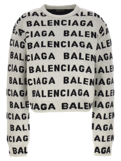 Shop Balenciaga All Over Logo Sweater In White/black
