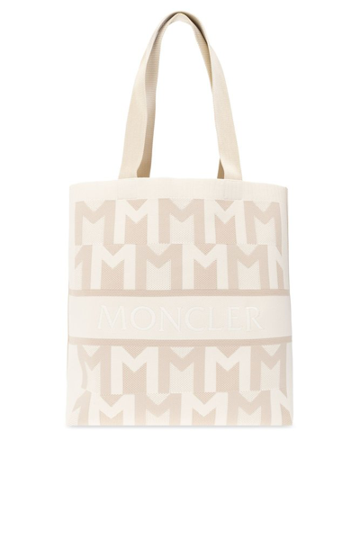 Shop Moncler Monogram Knitted Tote Bag In Beige