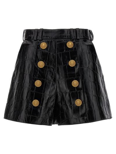 Shop Balmain Button Detailed Embossed Shorts In Black