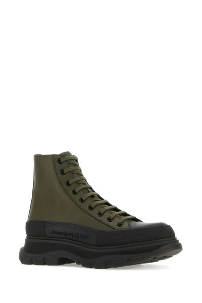 Shop Alexander Mcqueen Man Olive Green Leather Tread Slick Sneakers