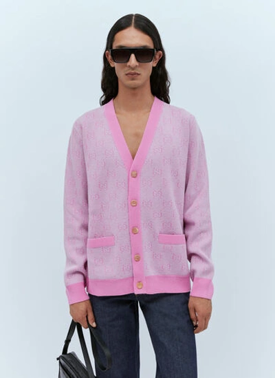 Shop Gucci Men Gg Wool Jacquard Cardigan In Pink