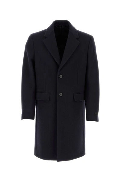 Shop Prada Man Navy Blue Wool Blend Coat