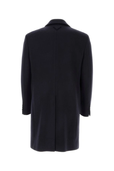 Shop Prada Man Navy Blue Wool Blend Coat