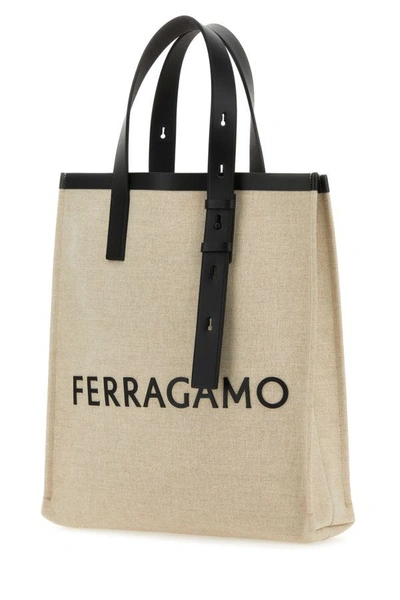 Shop Ferragamo Salvatore  Man Sand Canvas Shopping Bag In Brown