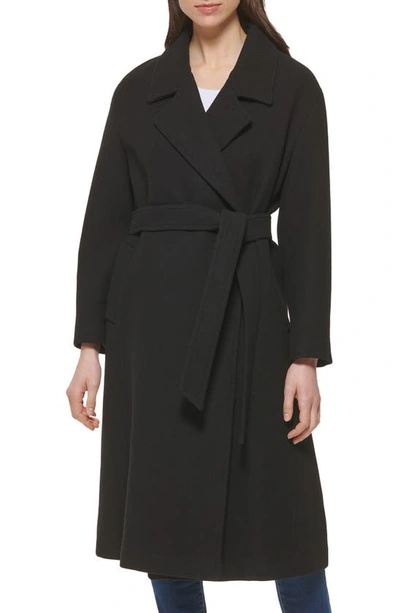 Shop Cole Haan Signature Oversize Belted Basket Weave Wool Blend Wrap Coat In Black