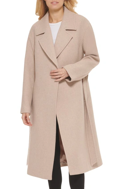Shop Cole Haan Signature Oversize Belted Basket Weave Wool Blend Wrap Coat In Oatmeal
