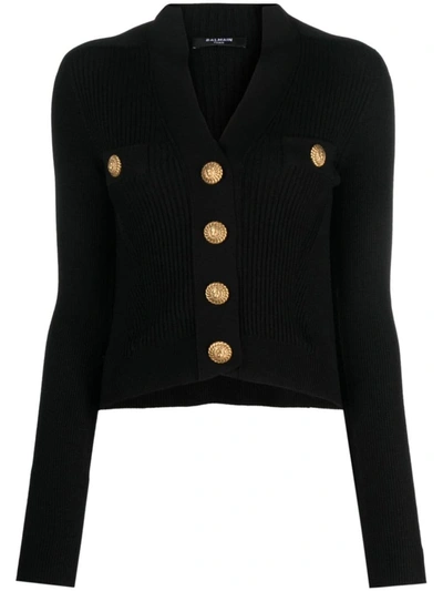 Shop Balmain Gold Embossed Buttons Knitted Cardigan In Black