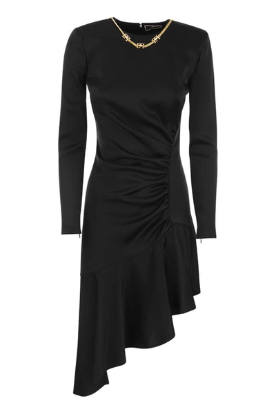 Shop Elisabetta Franchi Asymmetrical Crepe Round-neck Dress In Black