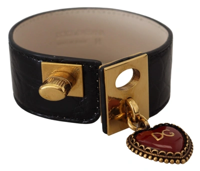 Shop Dolce & Gabbana Black Dauphine Leather Dg Heart Key Ring Women's Bracelet In Gold Black