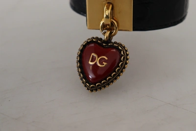 Shop Dolce & Gabbana Black Dauphine Leather Dg Heart Key Ring Women's Bracelet In Gold Black
