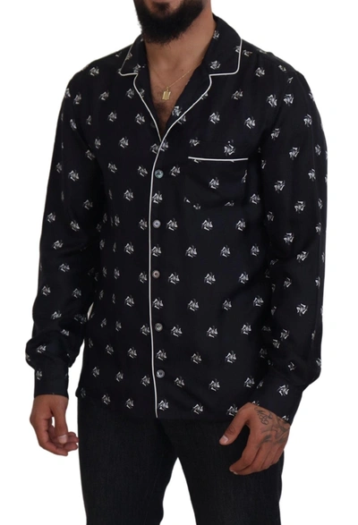 Shop Dolce & Gabbana Black Printed Collared Men Long Sleeve Pajama Men's Top